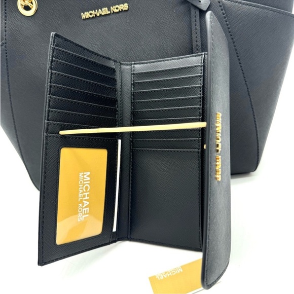 Michael Kors JST Large Chain Shoulder Tote Bag & Trifold Wallet Black/Gold - Picture 11 of 12